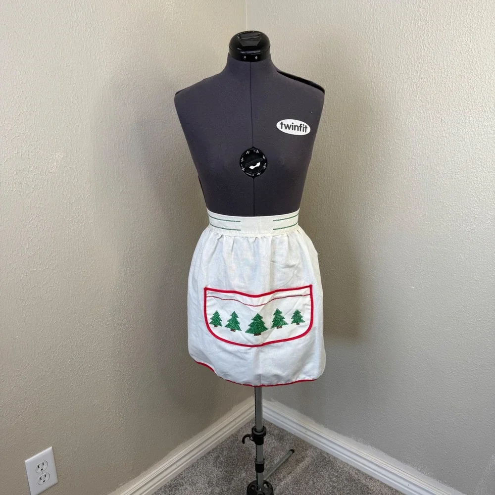 Vintage Christmas Tree Cross Stitch Half Apron White Red Green Holiday Hosting